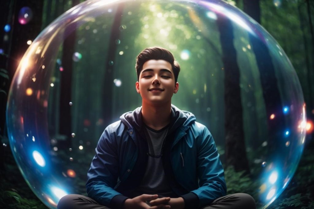 Спокойный, счастливый молодой человек сидит в позе лотоса в пузыре в лесу