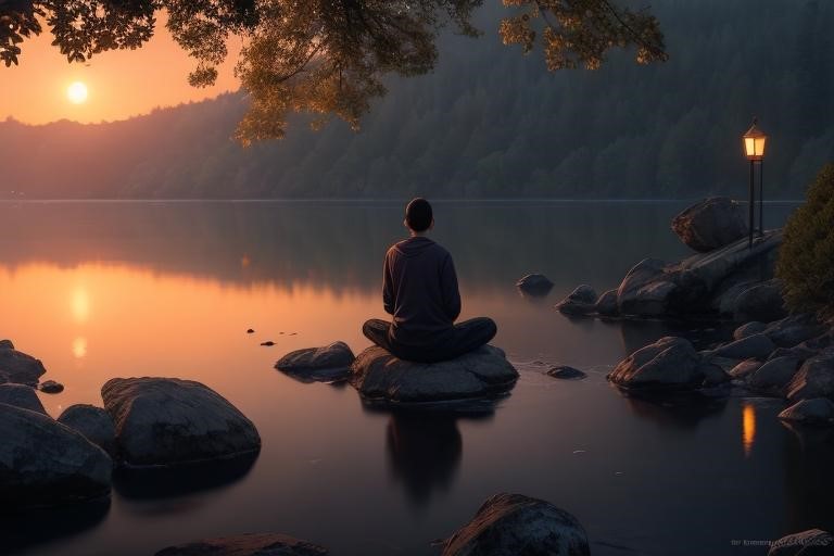 Мужчина медитирует, сидя на камнях у воды во время красивого заката