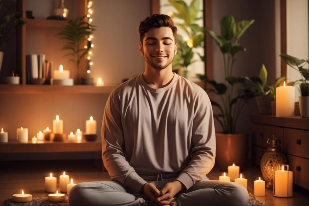 Счастливый молодой человек медитирует в комнате со свечами и растениями